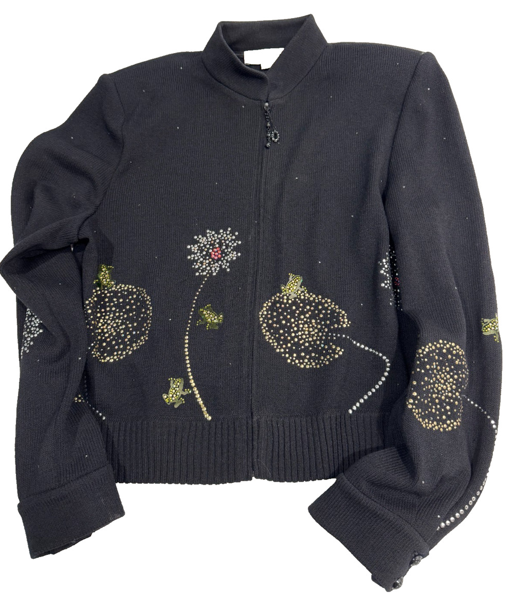 St John Evening Black Santana Cardigan 12 Embellished Lilly Pads Frogs Knit Zip